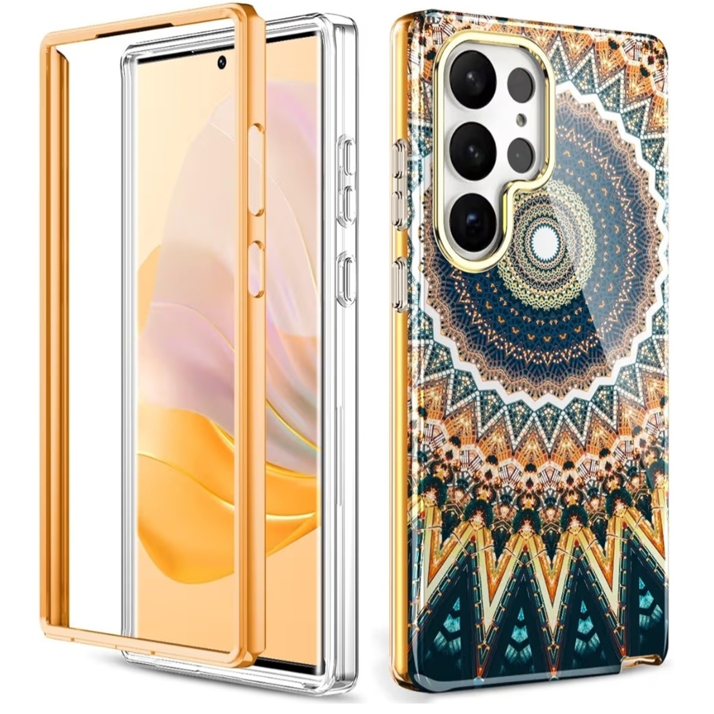 Samsung Galaxy S23Ultra Dual-Layer Phone Case w/ Mandala Pattern & Gold Trim-EUC